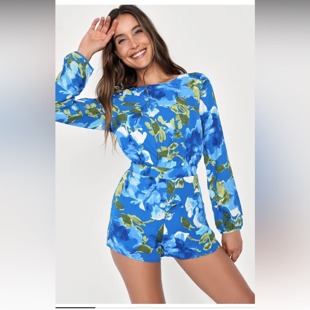 Lulus Sweetest Song Blue Floral Print Backless Long Sleeve Romper